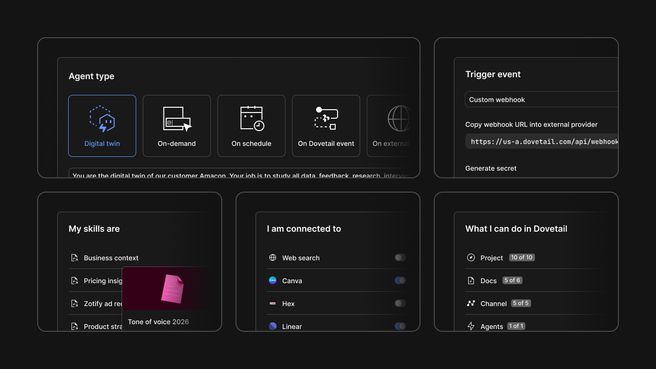 Configuring an agent in Dovetail with a trigger, skills, and tools